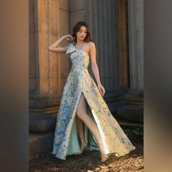 MAC DUGGAL  11919 Multicolor One Shoulder Brocade Floral Dress With Bow - Picture 2 of 16